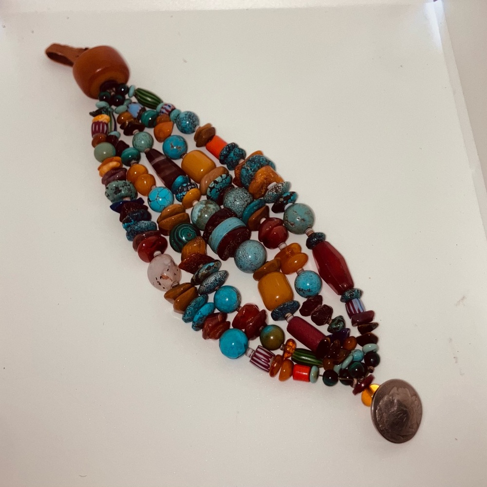 Native American Chunky Gemstone 3 Strand Bracelet with Buffalo Nickel Clasp